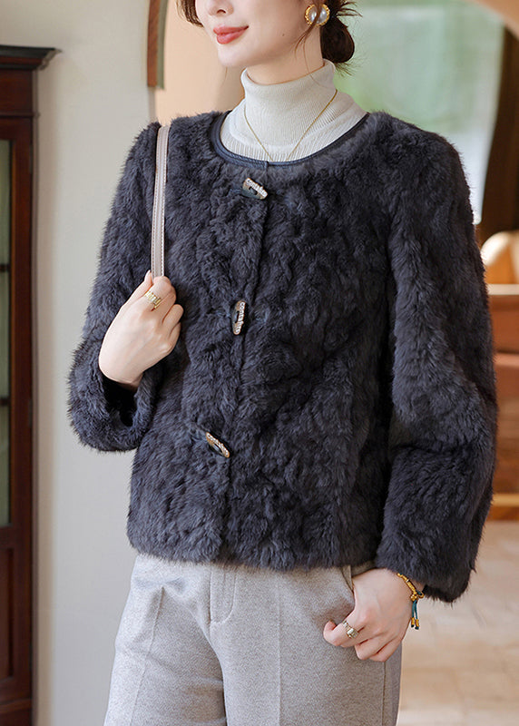 Dark Grey O-neck Thick Faux Fur Coat Winter