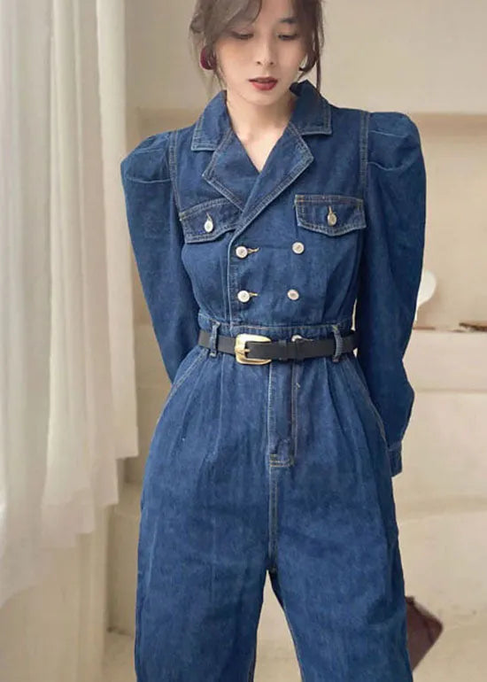 Dark Blue Puff Sleeve Denim Jumpsuit Spring