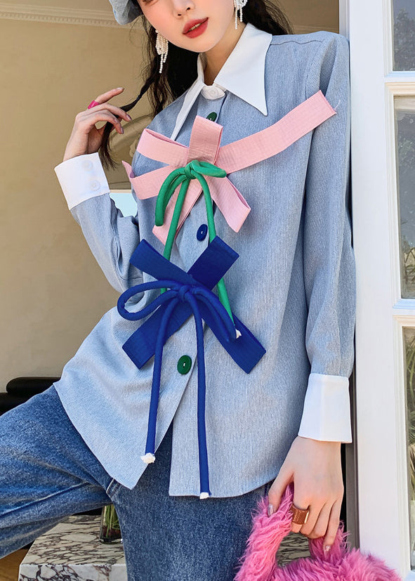 Light Blue Peter Pan Collar Removable Bow Skirts Long Sleeve