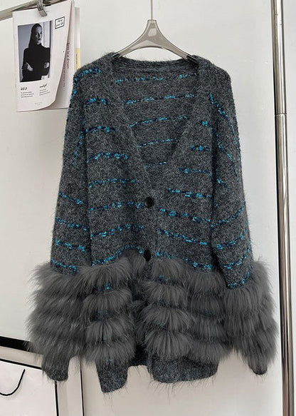 Beige Button Fluffy Patchwork Spring Knit Cardigan V Neck