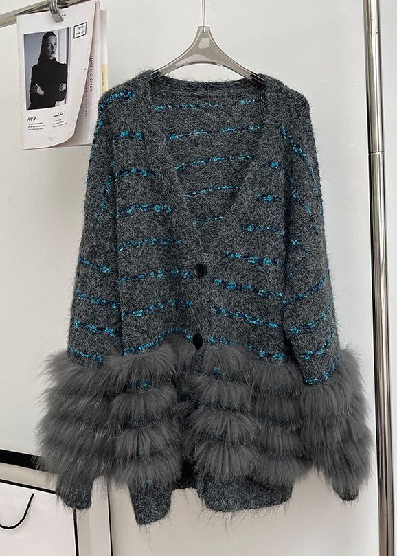 Beige Button Fluffy Patchwork Spring Knit Cardigan V Neck