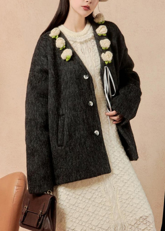 Loose Black Button Patchwork Woolen Coat Winter