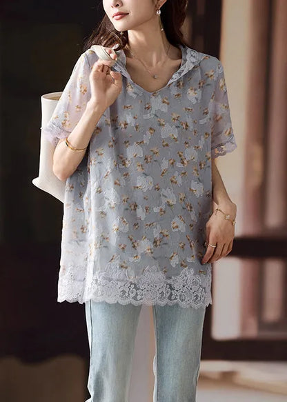 Art Grey Hooded Lace Patchwork Chiffon Shirts Summer