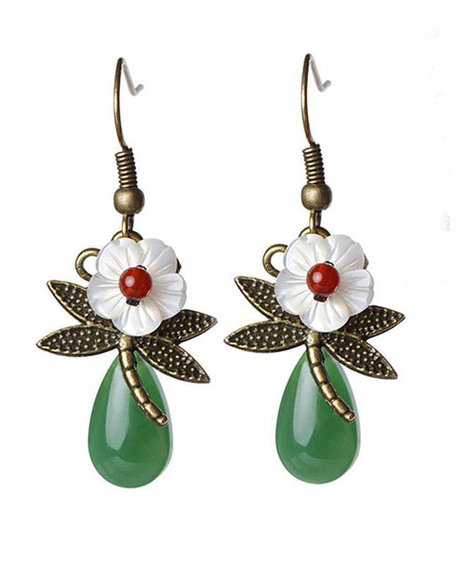 Green Sterling Silver Agate Shell Flower Cloured Glaze Dragonfly Drop Earrings