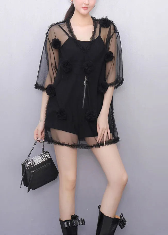 Black Ruffled Tulle Top V Neck Half Sleeve