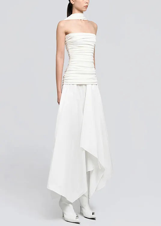 White Wrinkled Cotton Long Dresses Asymmetrical Summer