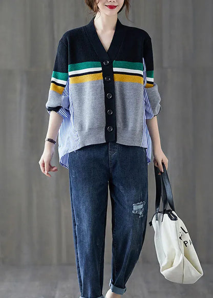 Black Patchwork Striped Button Asymmetrical Design Fall Knit Sweater