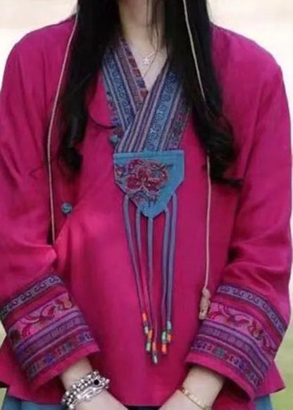 Organic Rose Tie Waist V Neck Embroideried Linen Shirt Spring