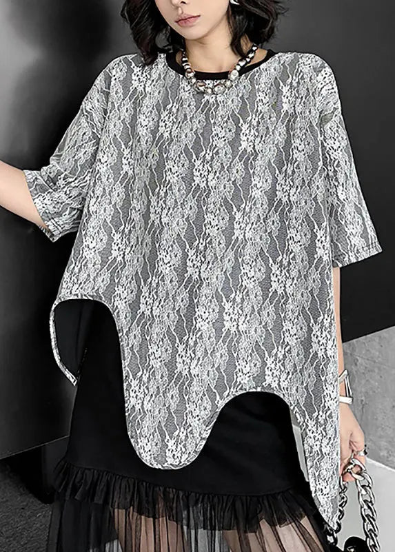 French O Neck Asymmetrical Design Lace T Shirt Tops Summer