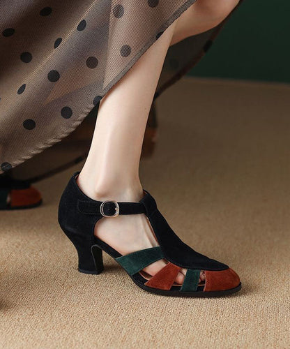 Black Sandals Chunky Heel Suede Splicing Buckle Strap