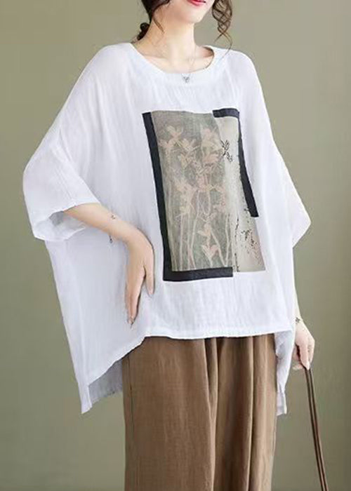 White Print Low High Design Cotton Blouses Bracelet Sleeve