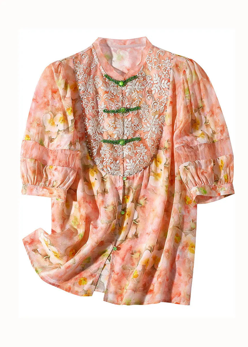 Pink Lace Embroideried Patchwork Silk Blouse Tops Spring