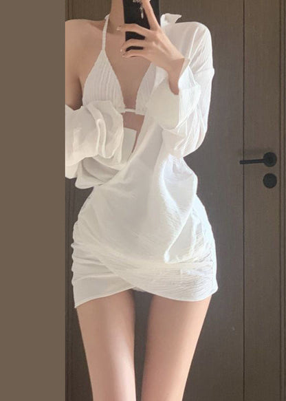 White V Neck Cotton Shirts Dress Fall