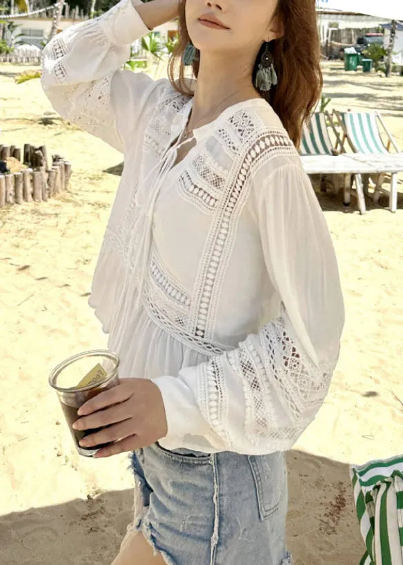 Original White Hollow Out Lace Up Cotton Shirt Fall