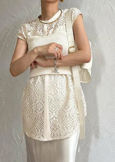 Beige Hollow Out Lace Vests Oversized Lace Up Sleeveless