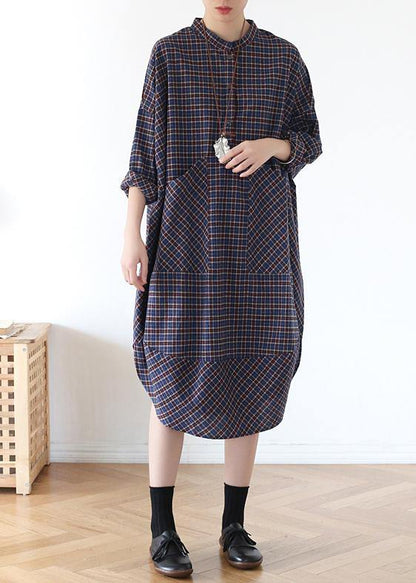 Blue Plaid Cotton Long Shirt Button Spring Long Dresses