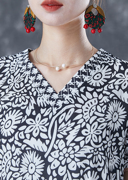 Modern Black V Neck Patchwork Print Cotton a Line Dress Summer