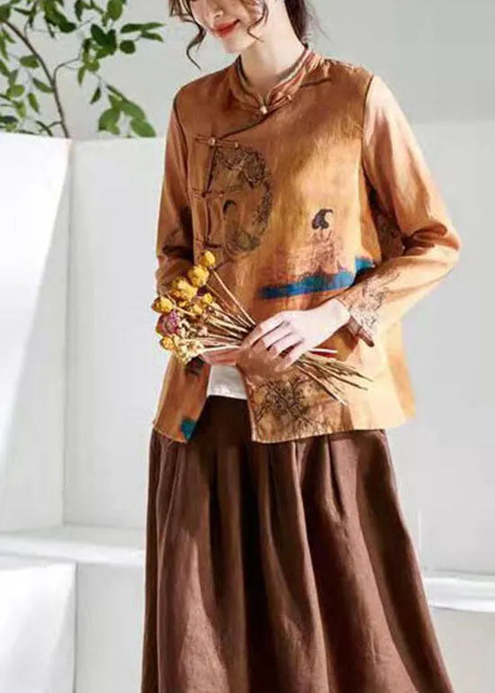 Chocolate O-neck Button Print Tops Long Sleeve Spring