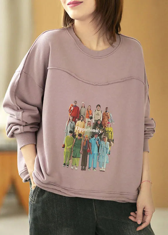 Grey Purple Loose O-neck Pockets Fall Loose Sweatshirt