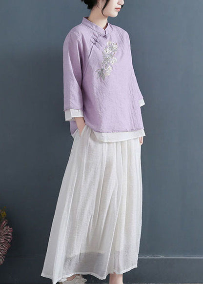 Purple Chinese Style Cotton Blouse Tops Layered Embroideried Three Quarter Sleeve