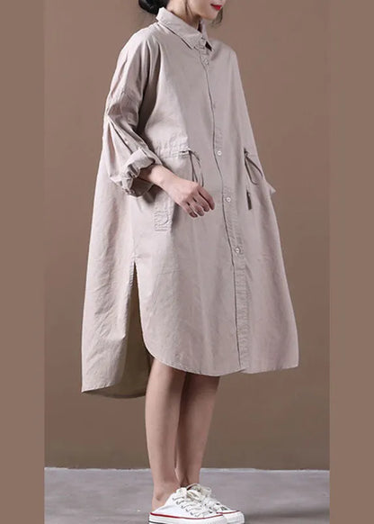 Loose Khaki Peterpan Collar Tie Waist Button Fall Long Sleeve Tops