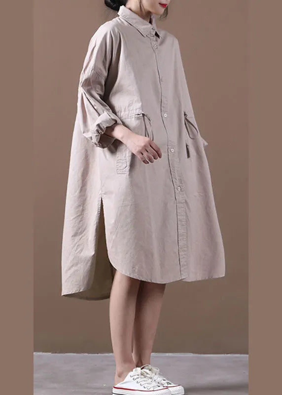 Loose Khaki Peterpan Collar Tie Waist Button Fall Long Sleeve Tops