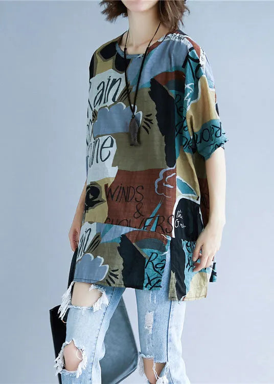 Colorblock Oversized Print Cotton Tops Summer