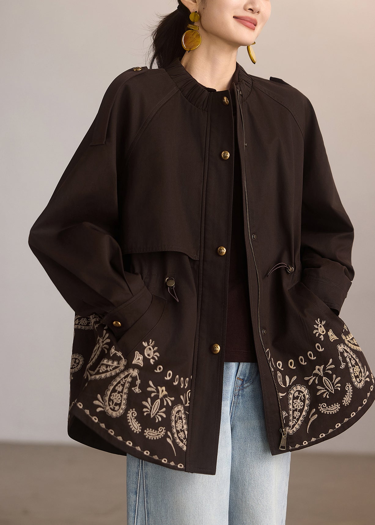 Coffee Print Drawstring Pockets Coat Spring
