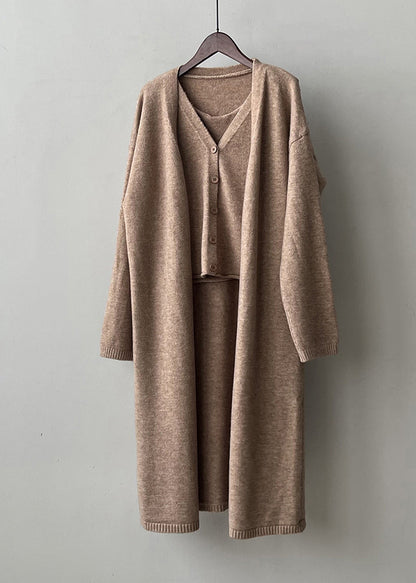 Grey Button Knit Two Pieces Set V Neck Tank and Cardigan Fall
