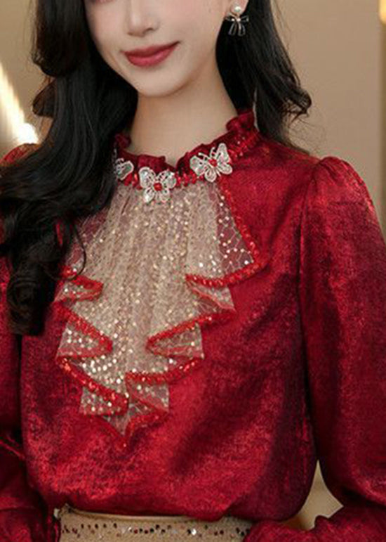 Red Ruffled Sequins Patchwork Silk Shirt Top Spring
