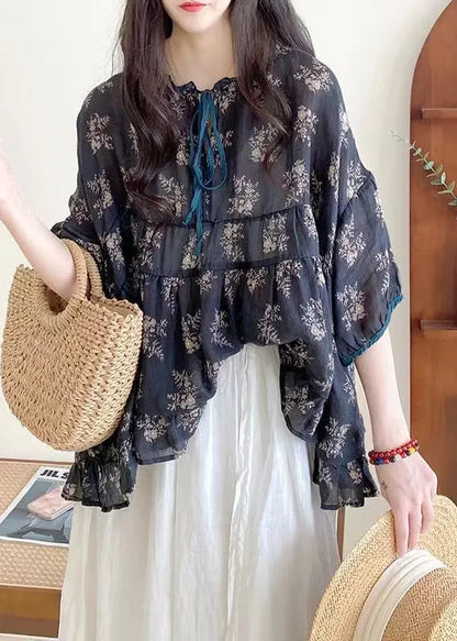 Organic Pink Ruffled Print Lace Up Cotton Shirts Half Sleeve Summer