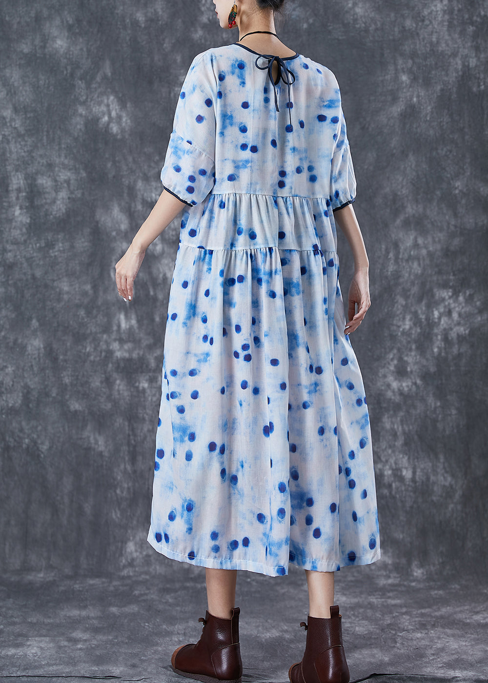Blue Dot Oversized Patchwork Linen Maxi Dresses Summer