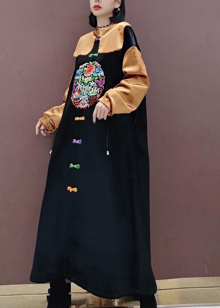 French Black Embroidery Tunic Stand Collar Patchwork Spring Dresses