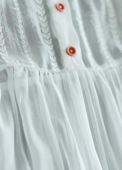 Simple White Tie Waist Long Sleeve Party Summer Chiffon Dress