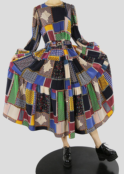 Black O-neck Sashes Print Holiday Dress Spring