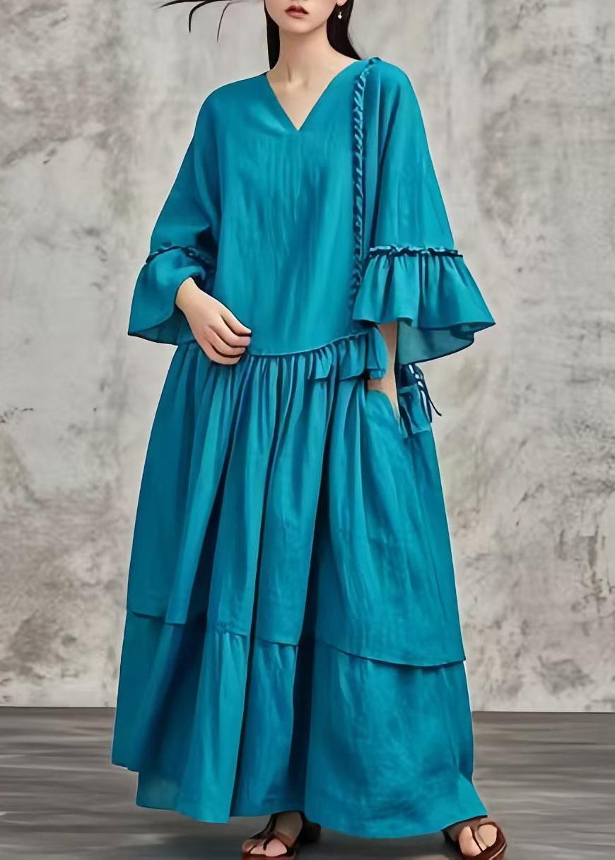 Peacock Blue Oversized Patchwork Cotton Maxi Dresses Fall