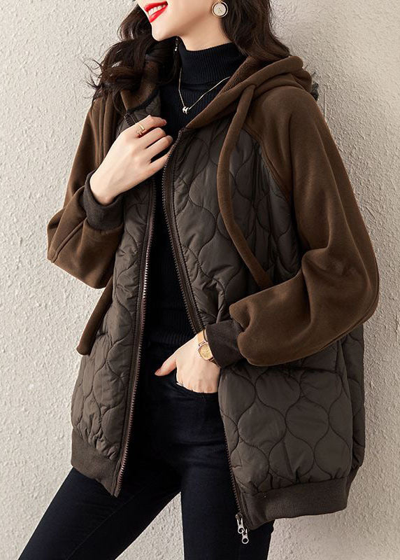 Chocolate Hooded Drawstring Patchwork Fine Cotton Filled Witner Coat
