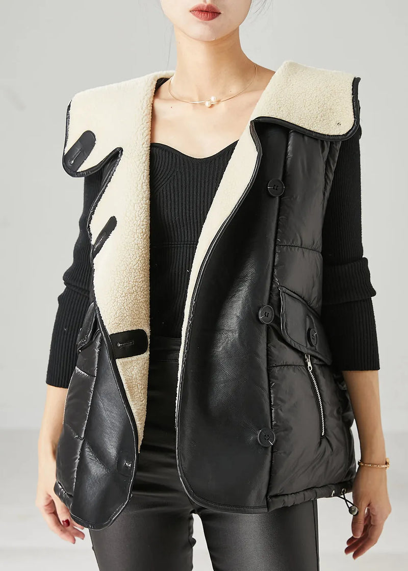 Black Oversized Patchwork Faux Leather Fine Cotton Filled Vests Spring