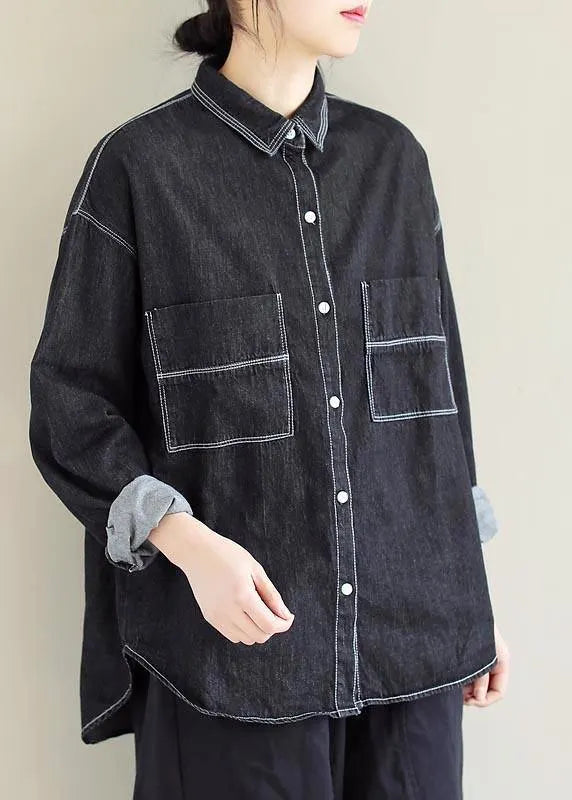 Denim Black Top Silhouette Lapel Pockets Vestidos De Lino Spring Shirts