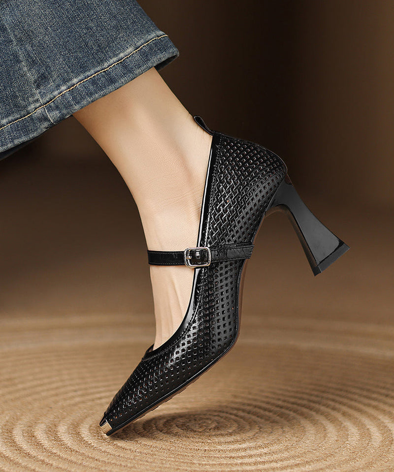 Black Cowhide Leather Splicing Chunky High Heels