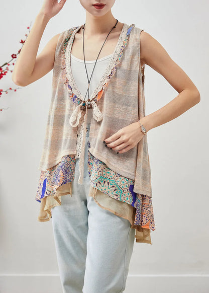 Khaki Lace Up Patchwork Ruffles Cotton Vests Sleeveless