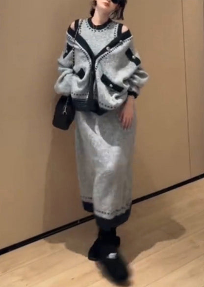 New Grey Button Cardigans and Dresses Knit Two Pieces Set Winter
