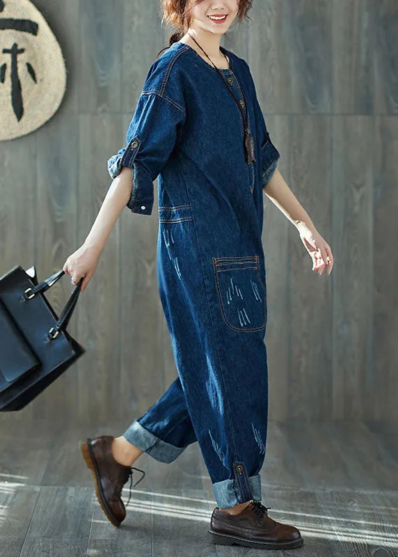 Dark Blue O-neck Pockets Denim Jumpsuits Spring