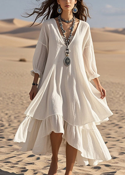 White Oversized Patchwork Cotton Maxi Dresses Bracelet Sleeve Summer