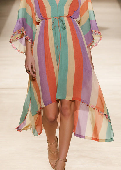 Rainbow V Neck Striped Chiffon Holiday Dress Summer