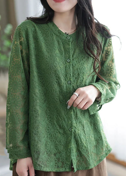 Green Lace Tops Asymmetrical Embroideried O-neck Spring