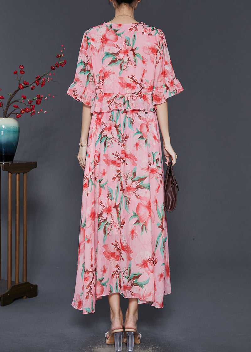 Pink Ruffled Print Exra Large Hem Chiffon Dresses Summer
