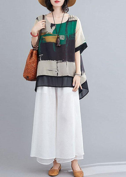 Green Print O-neck Two Pieces Set Summer Chiffon