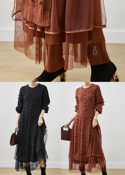 Khaki Silm Knit Sweater Dress and Tulle Skirt Two Pieces Set Side Open Winter