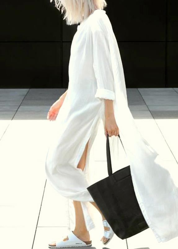 Loose White Stand Button Long Shirts Mid Dress Summer